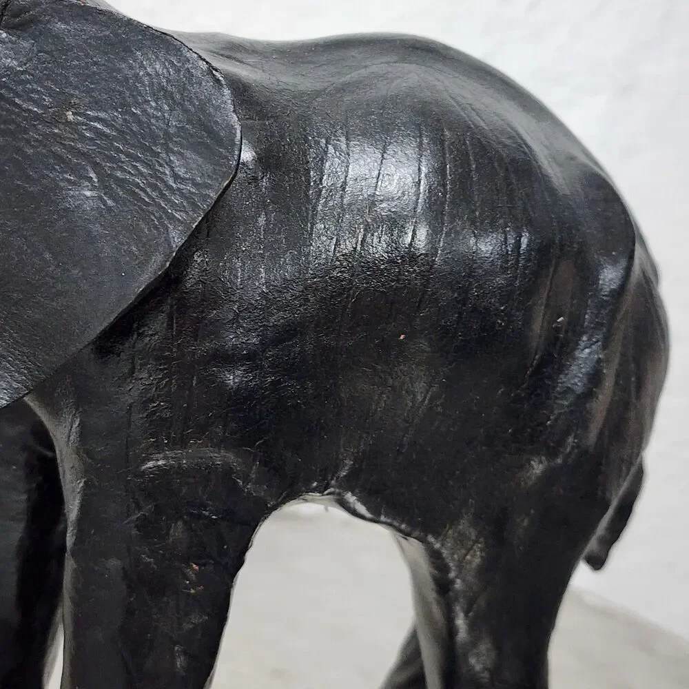 Vtg Black Leather Wrapped Elephant Statue Figurine Trunk Up MCM Safari Decor 11